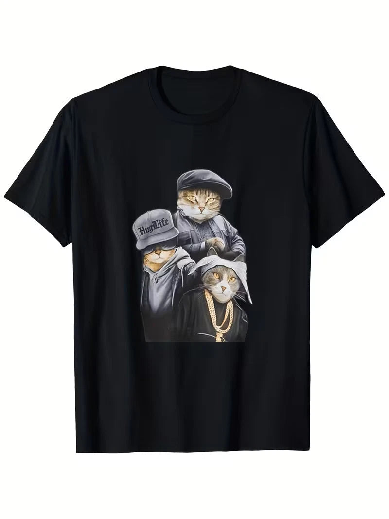 Men's 220g 100% Cotton T-Shirt - Funny Gangster Cat Trio Design with "Hugg Life"
