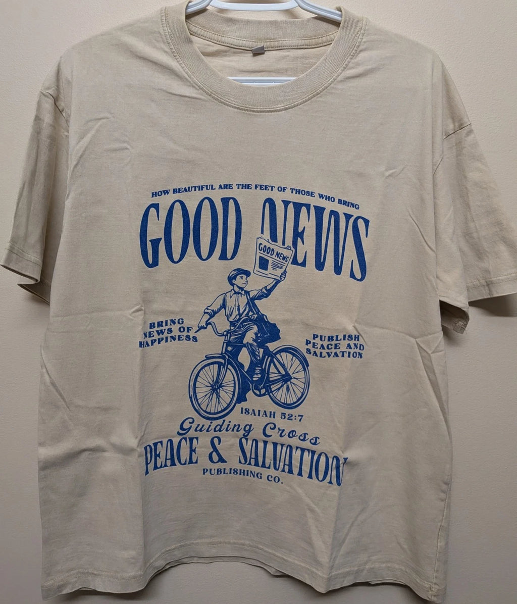 Men Size S Beige Crew Neck Short Sleeve Religious Graphic "Good News" T-Shirt