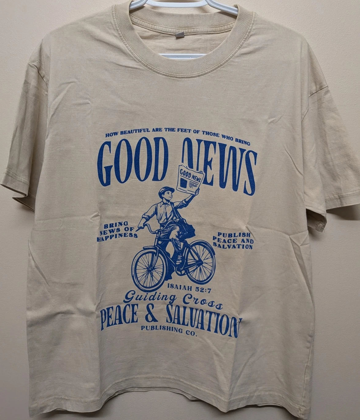 Men Size S Beige Crew Neck Short Sleeve Religious Graphic "Good News" T-Shirt