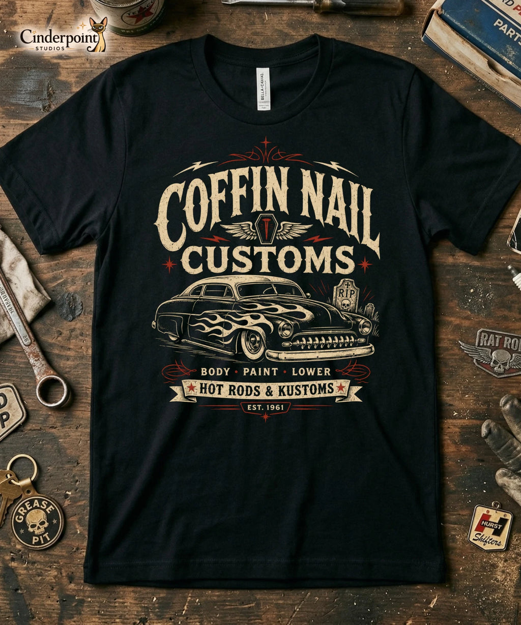 Coffin Nail Customs Shirt Psychobilly Hot Rod Gearhead Kustom Kulture Tee XS-5XL