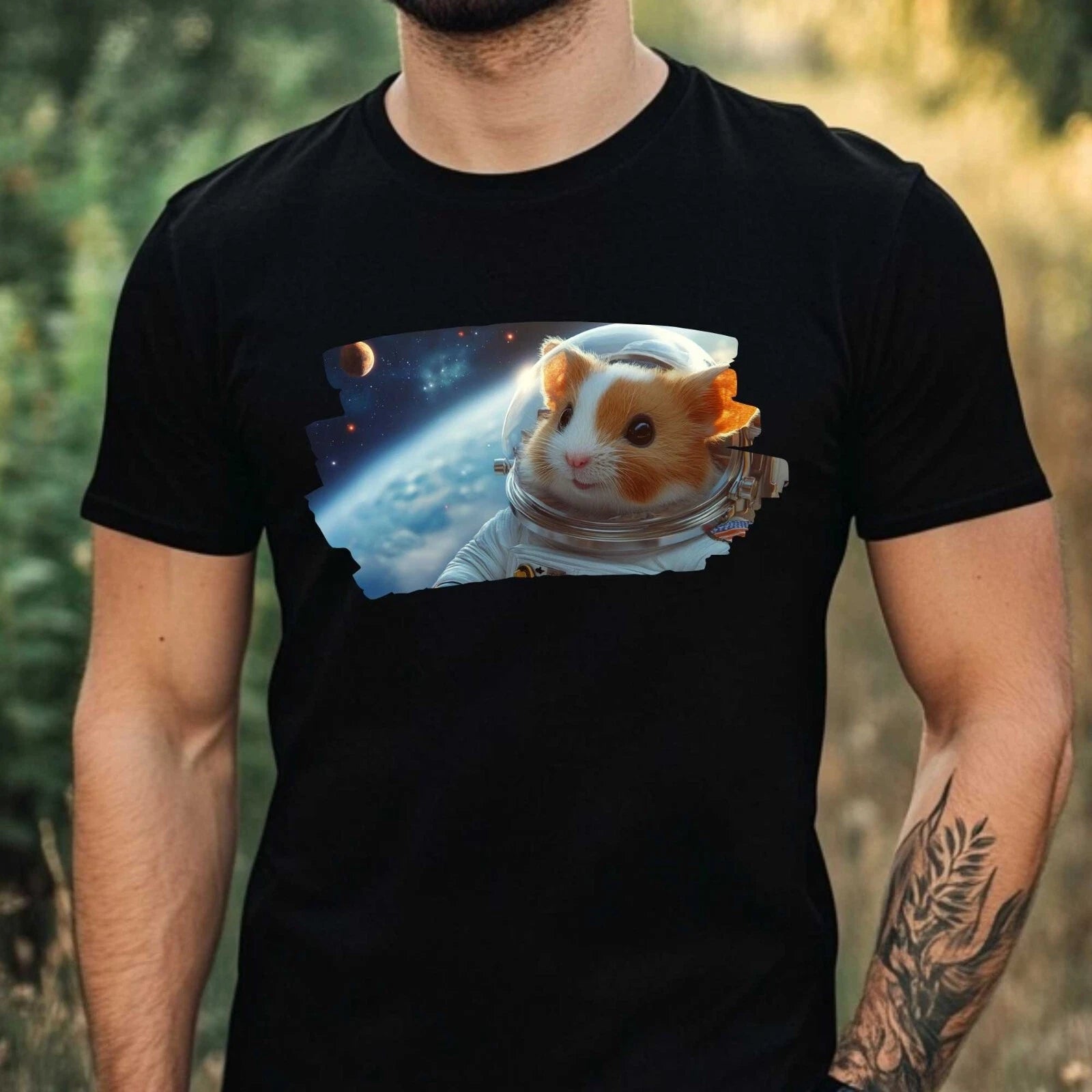 Mens Hamster as Astronaut Motif Cotton T-Shirt Size XS to 5XL