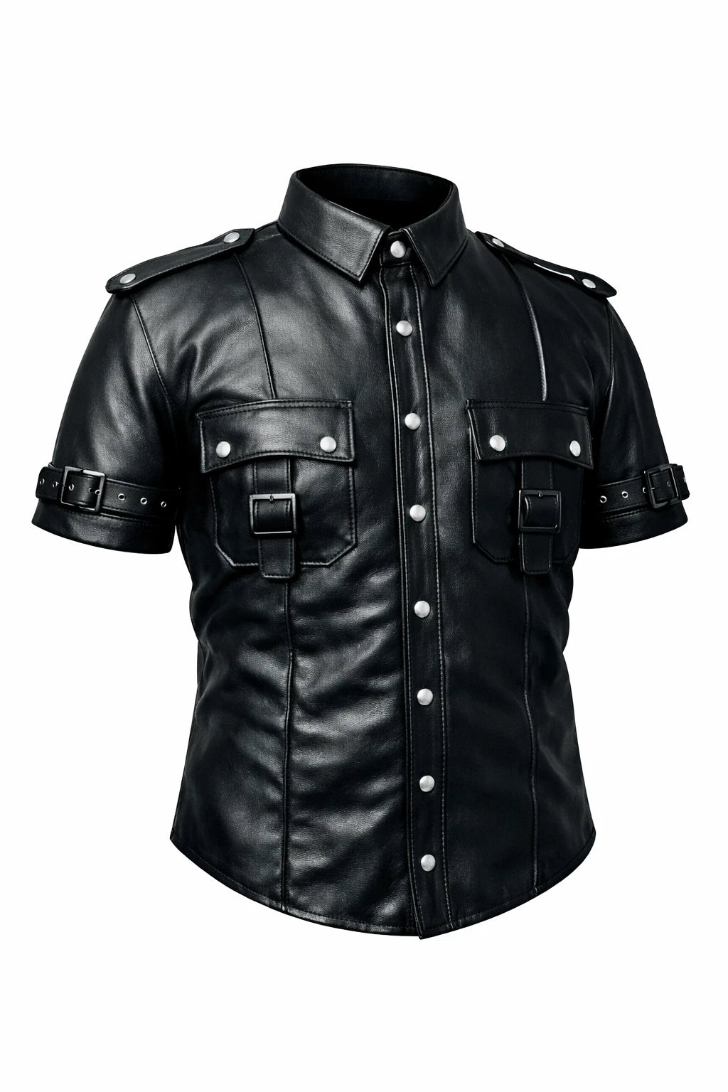 Men’s Black Leather Shirt Gothic Short Sleeve Buckled with X‑Strap Back Harness