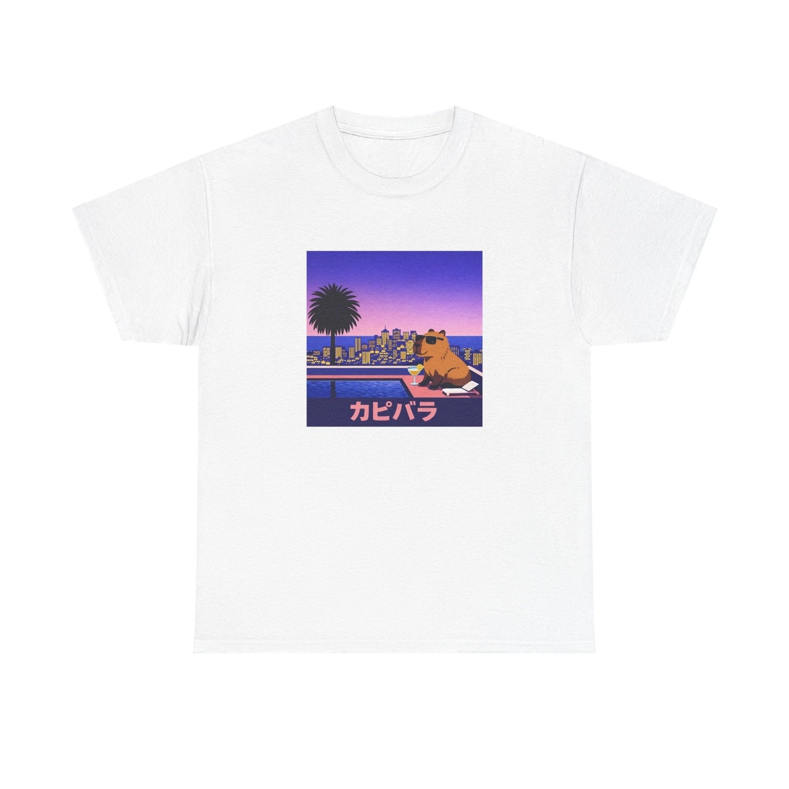 Capybara T Shirt Japanese Text Vaporwave Aesthetic Tee Sunset Graphic Shirt
