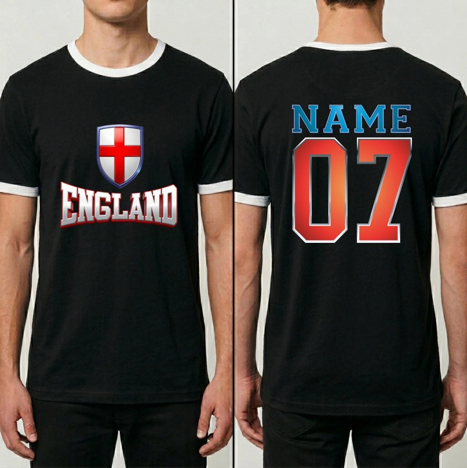 Personalised 3D Effect England Football Ringer T-Shirt Custom Name Number Top