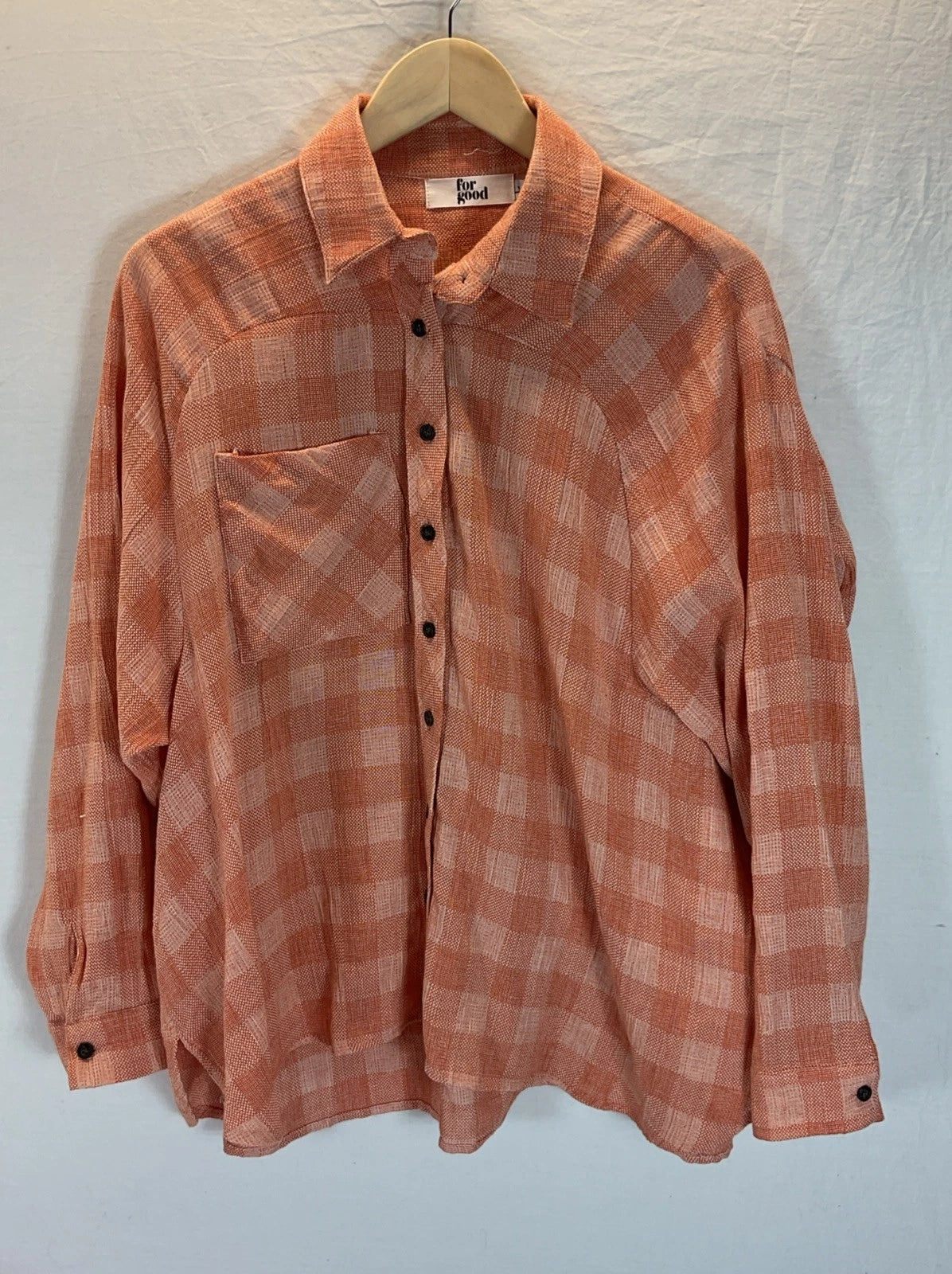 For Good women LG button oversized lagenlook long sleeve shirt orange plaid
