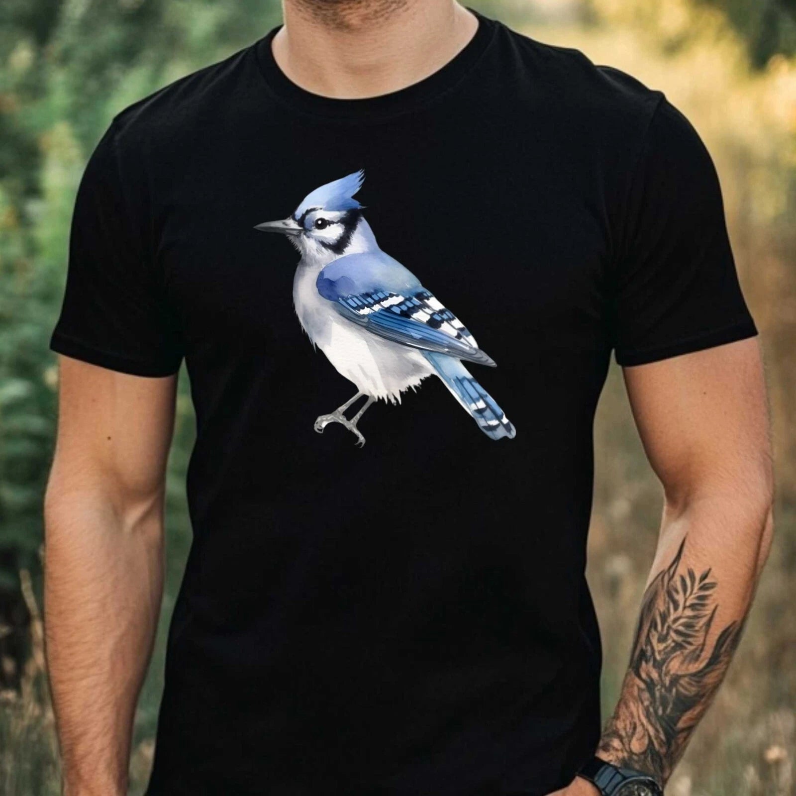 Mens Watercolour Bird Print Cotton T-Shirt Size XS to 5XL