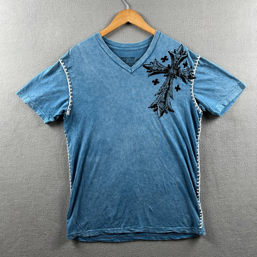Raw State Shirt Mens XL Blue Felt Cross Angel Wings Grunge Vintage Y2K Gothic
