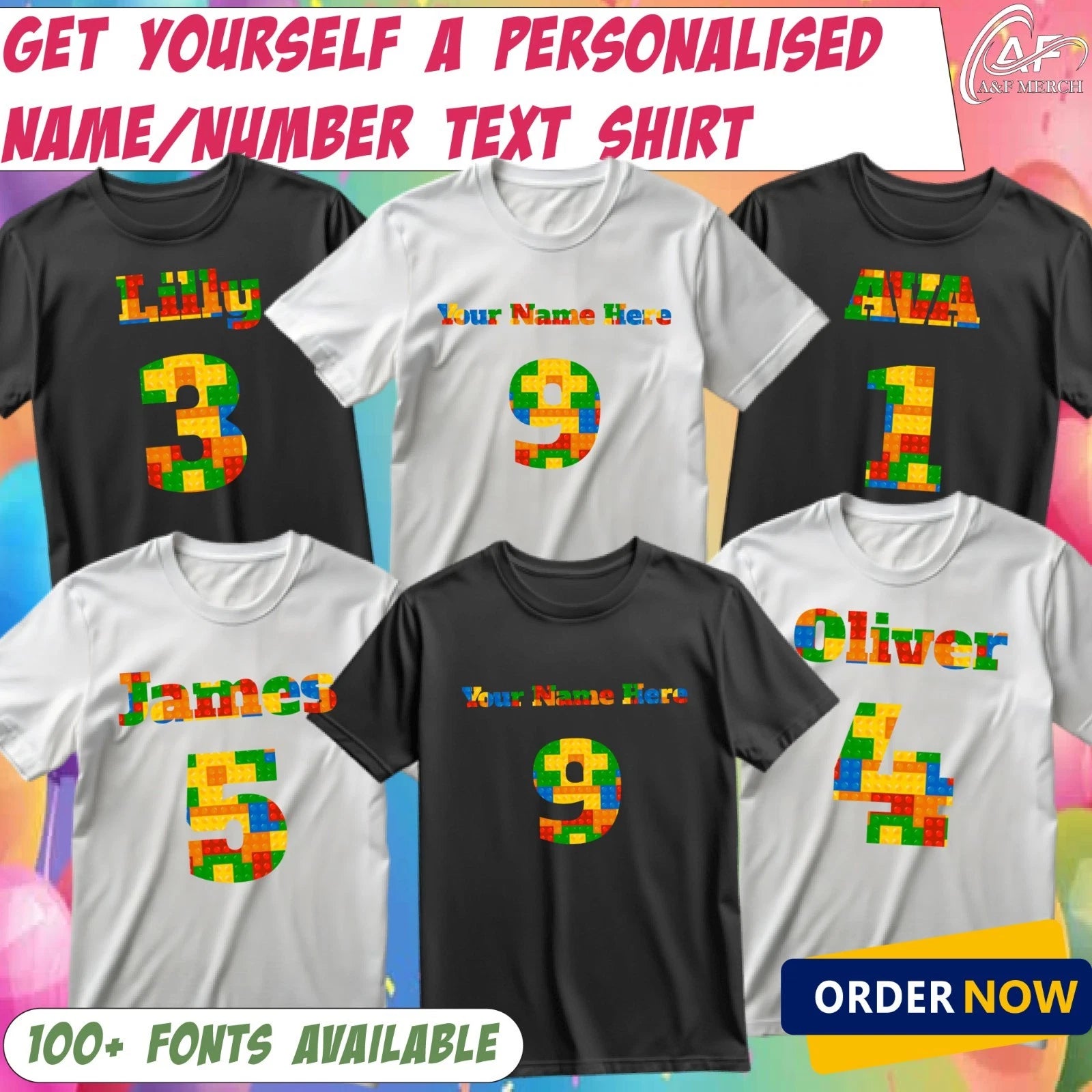 Personalised T-Shirt With Name & Number Colourful Building Blocks Gift Kids