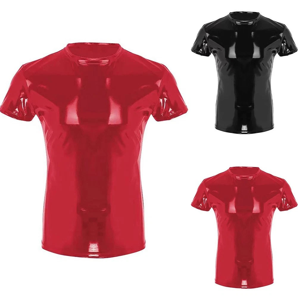 Trendy Clubwear Men's Faux Leather Short Sleeve Top in Wet Look PVC Material