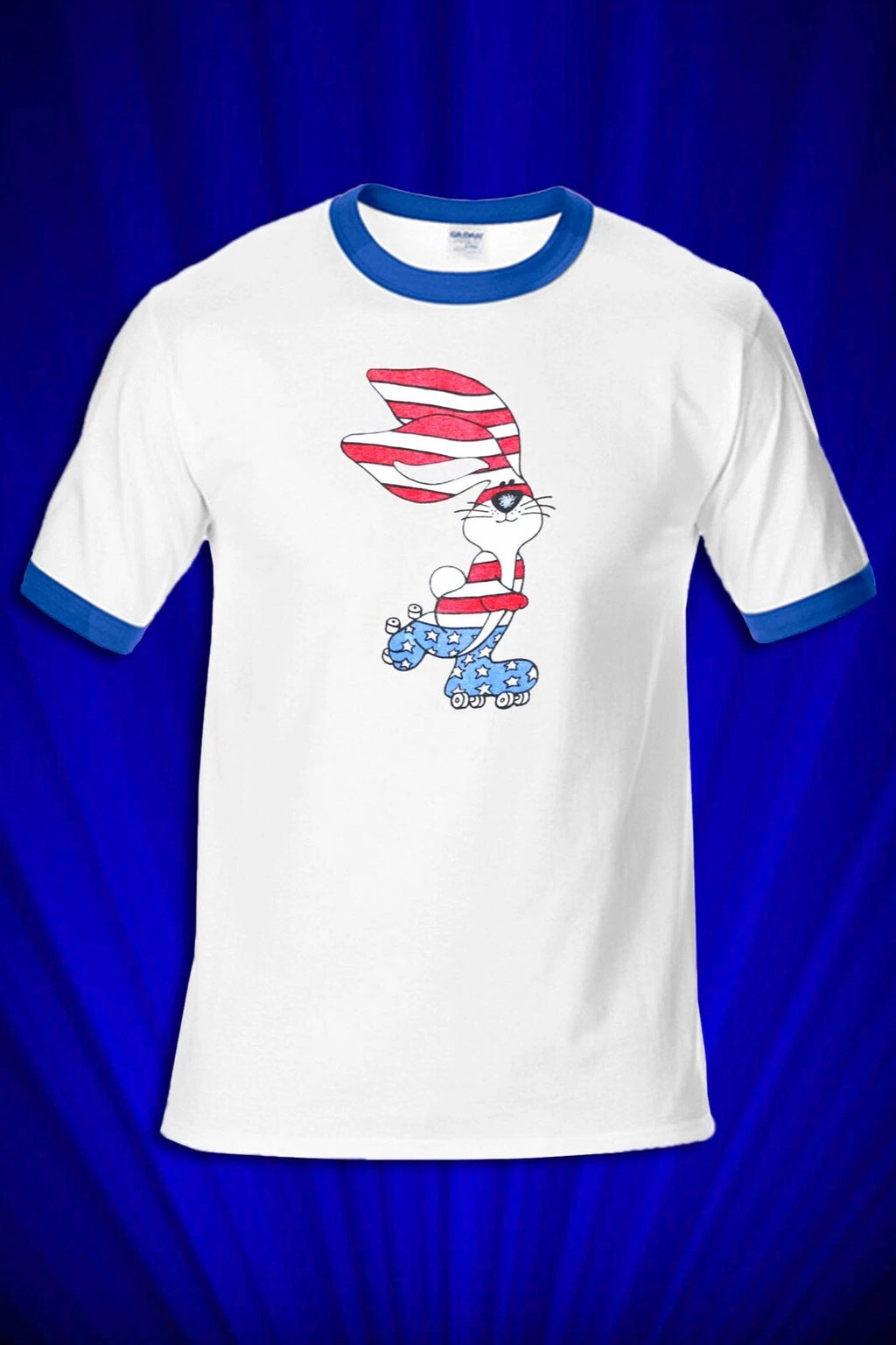 Stars & Stripes Bunny 1978 RINGER T-SHIRT FM Productions 4th of July