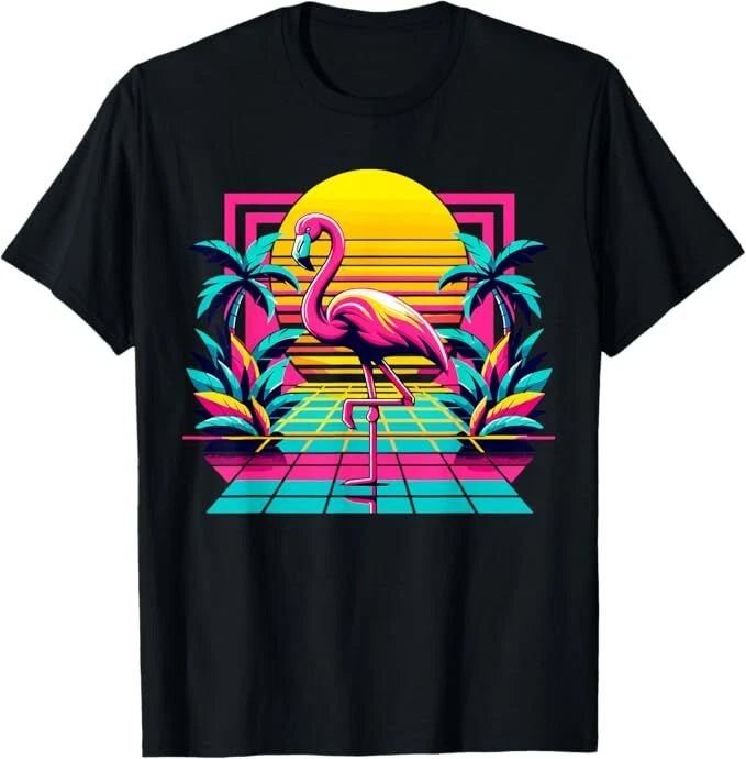 Pink Flamingo Palm Trees Tropical Summer T-Shirt, Size S-5XL