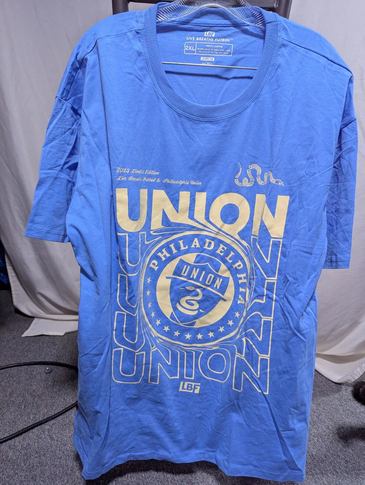 Live Breathe Futbol adult 2xl tshirt light blue Philadelphia union 2023 limited