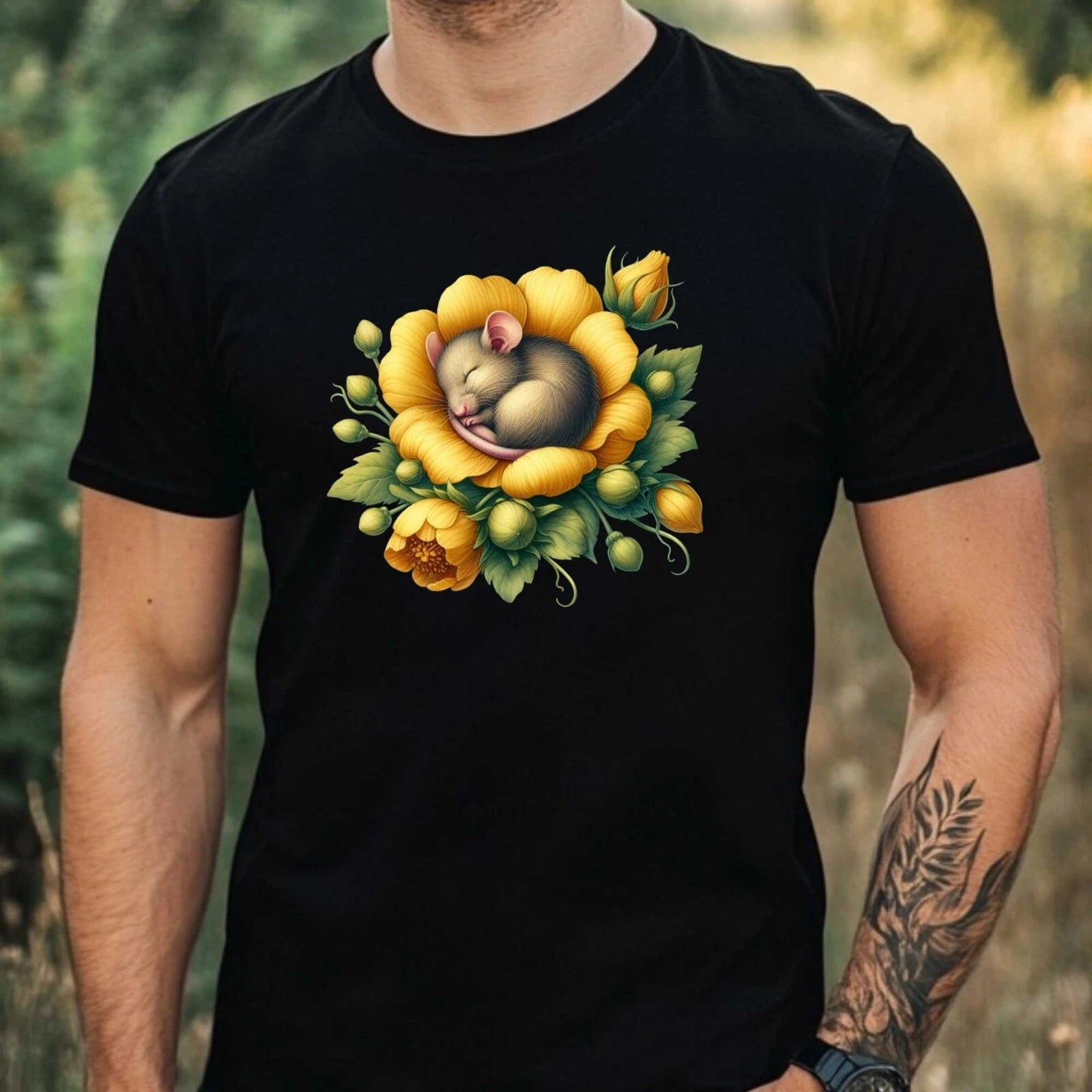 Mens Watercolour Mouse Motif Cotton T-Shirt Size XS to 5XL
