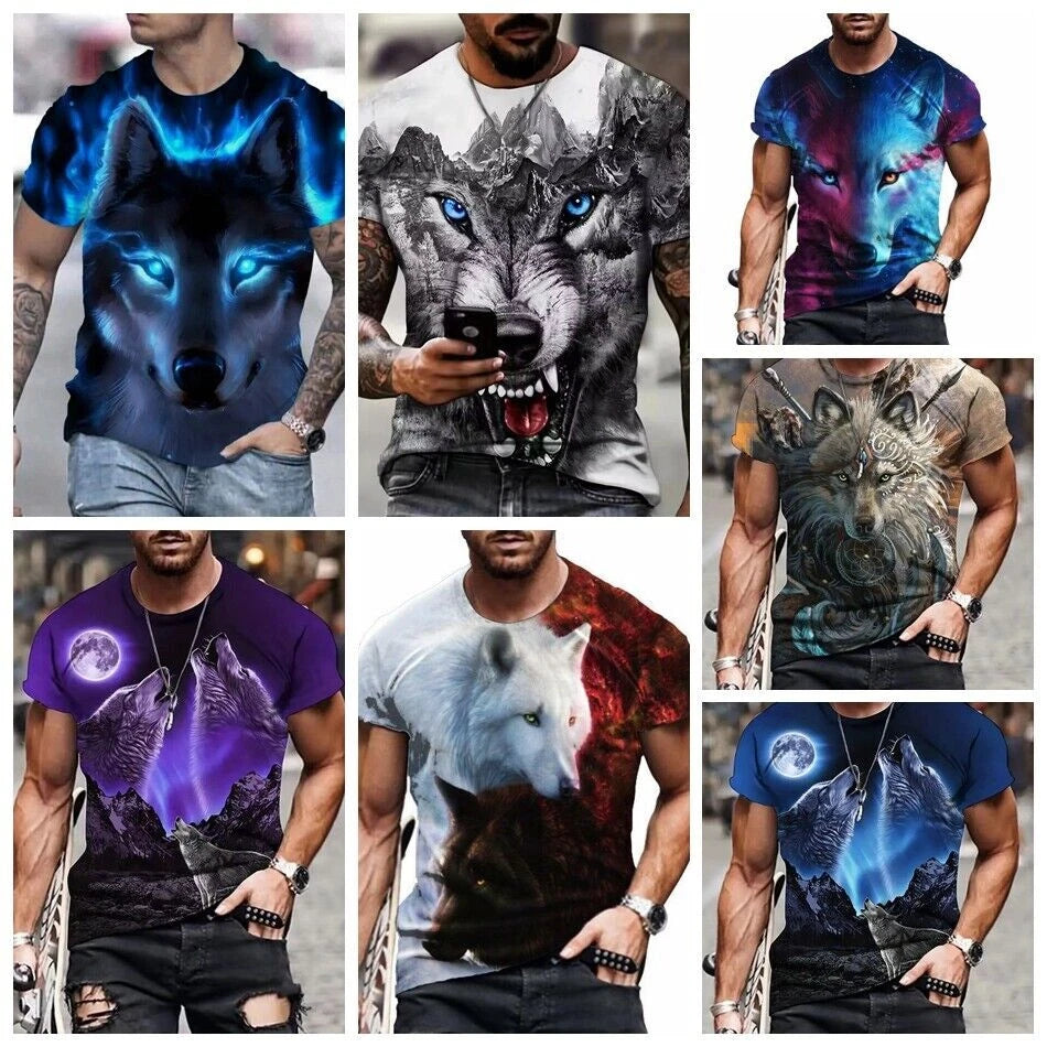 T Shirt Men Wolf Fox Animal Graphic Print Trendy Streetwear Silky Casual Fashion