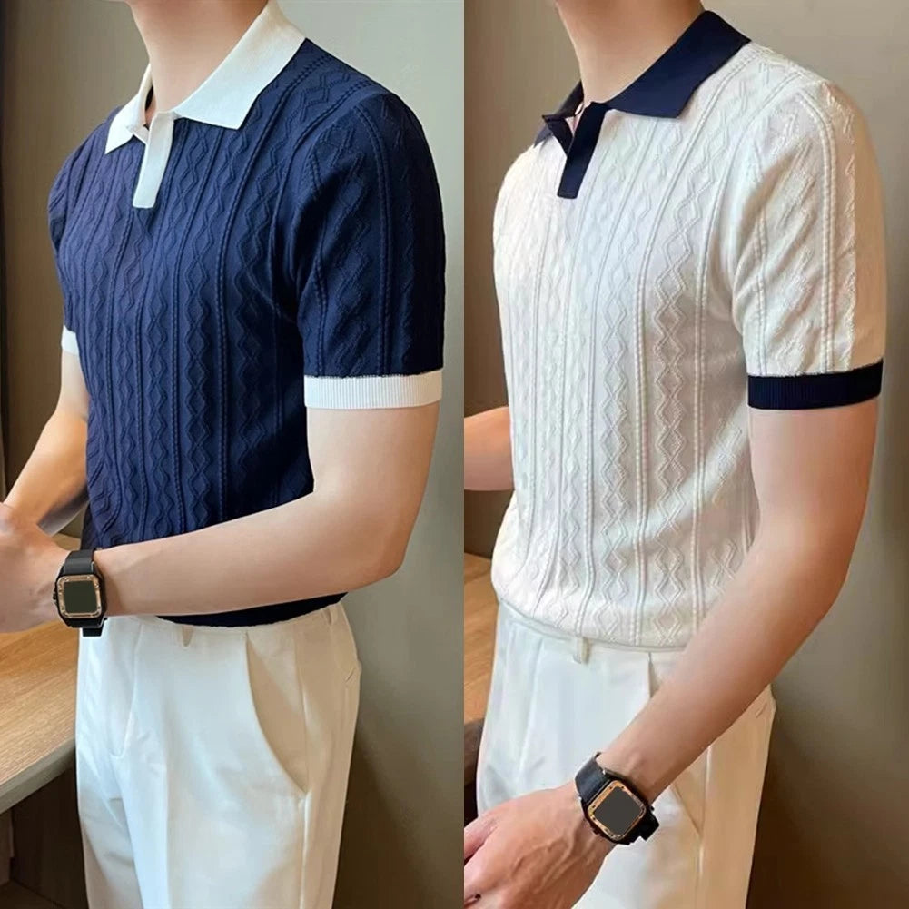 Fashion Streetwear Color Patchwork T-shirts Turn-down Collar Polyester Fabric