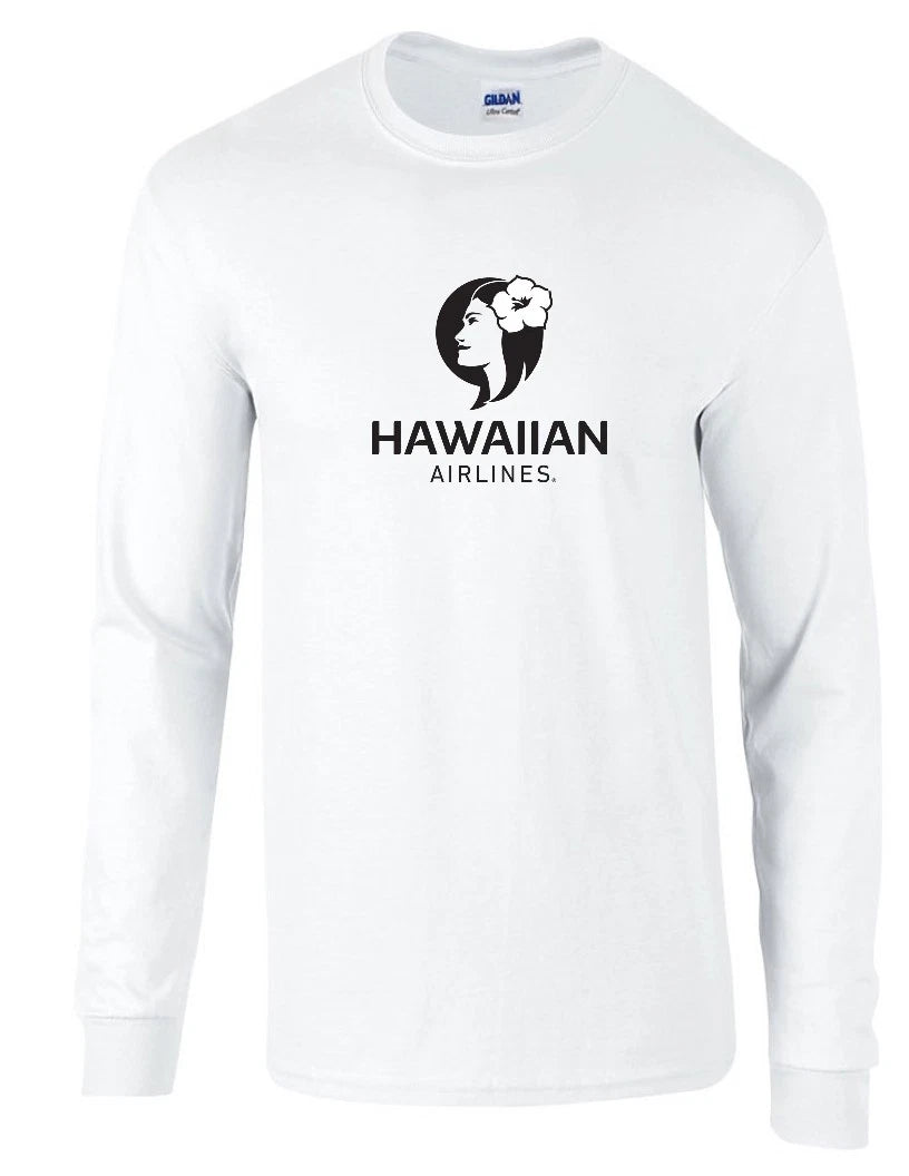 Hawaiian Airlines Black Logo US Aviation White Long Sleeve Cotton T-shirt