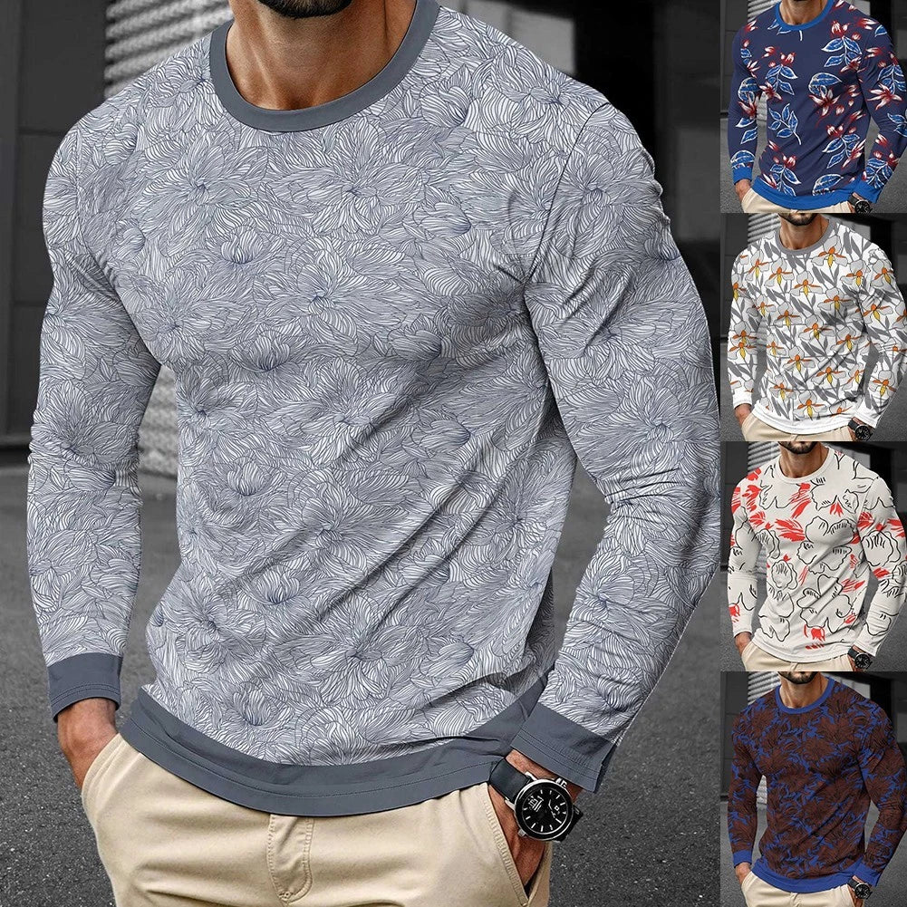 Mens 3D Printed Casual Sport Long Sleeve Pullover T Shirt Round Neck Streetwear