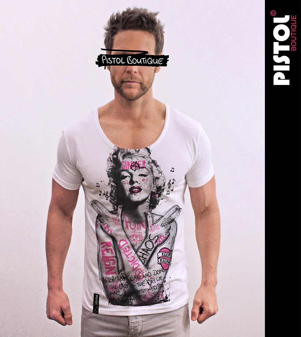 Pistol Boutique Men's White Scoop Round Neck GRAFFITI TATTOOS MONROE T-shirt