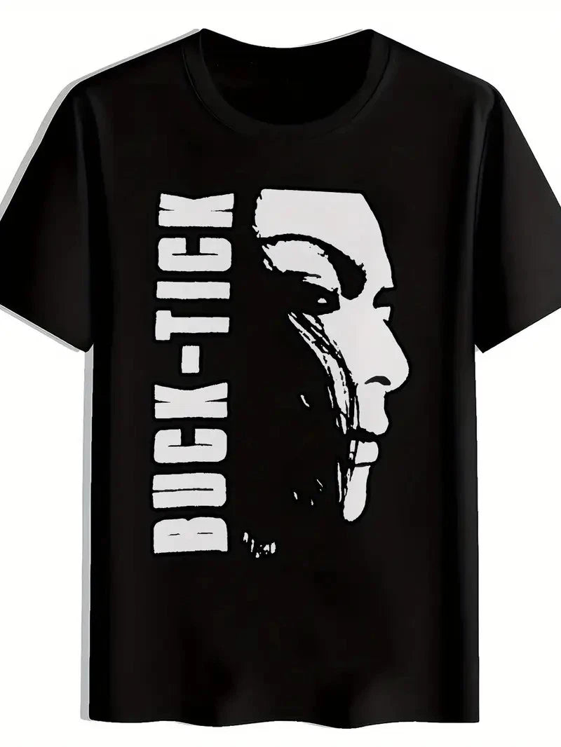 Men'S Black T-Shirt with "BUCK-TICK" Graphic Print - Retro Rock Band Design, Sho