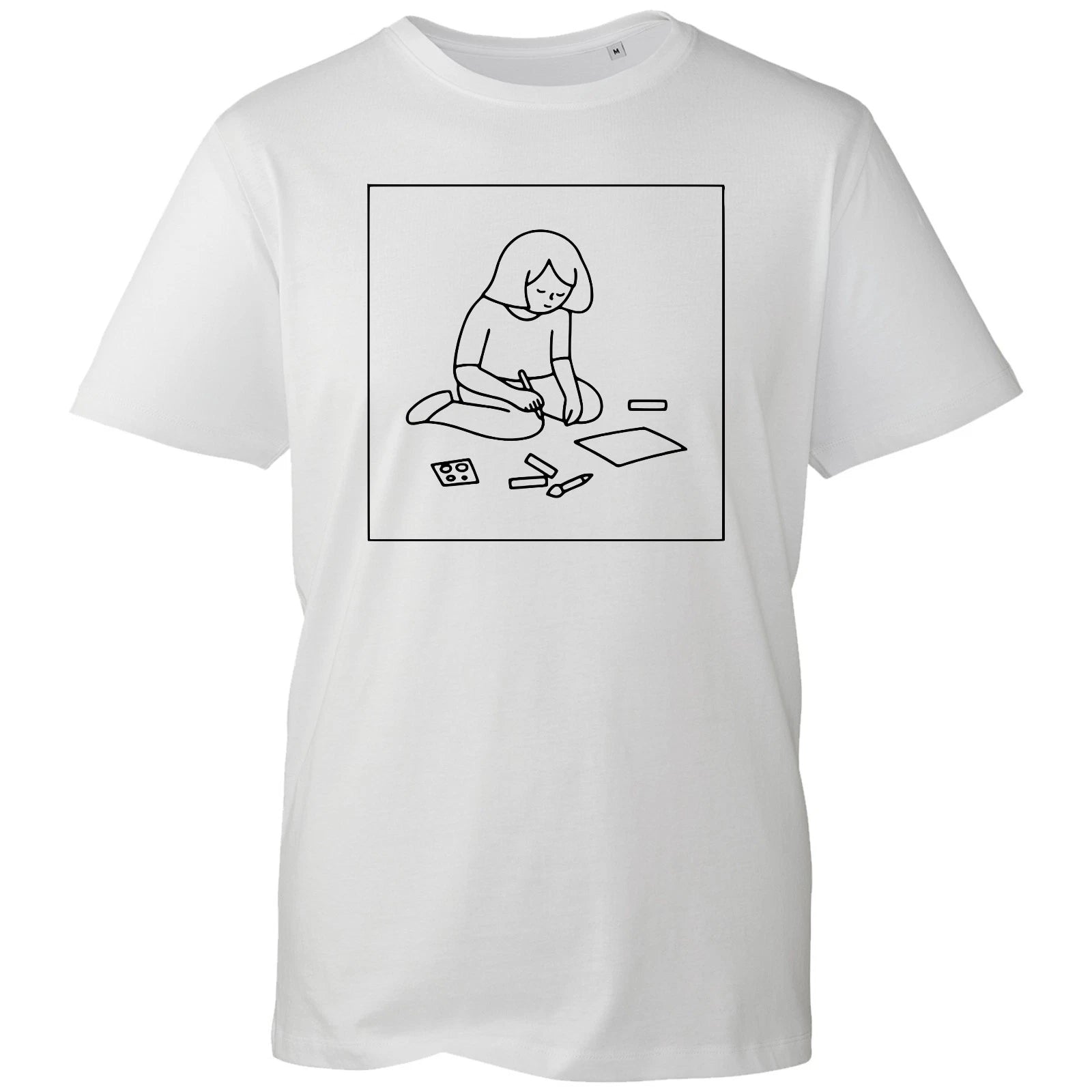 Cute Artist Drawing Girl Line Art Novelty Unisex Black Graphic Cotton T-Shirt