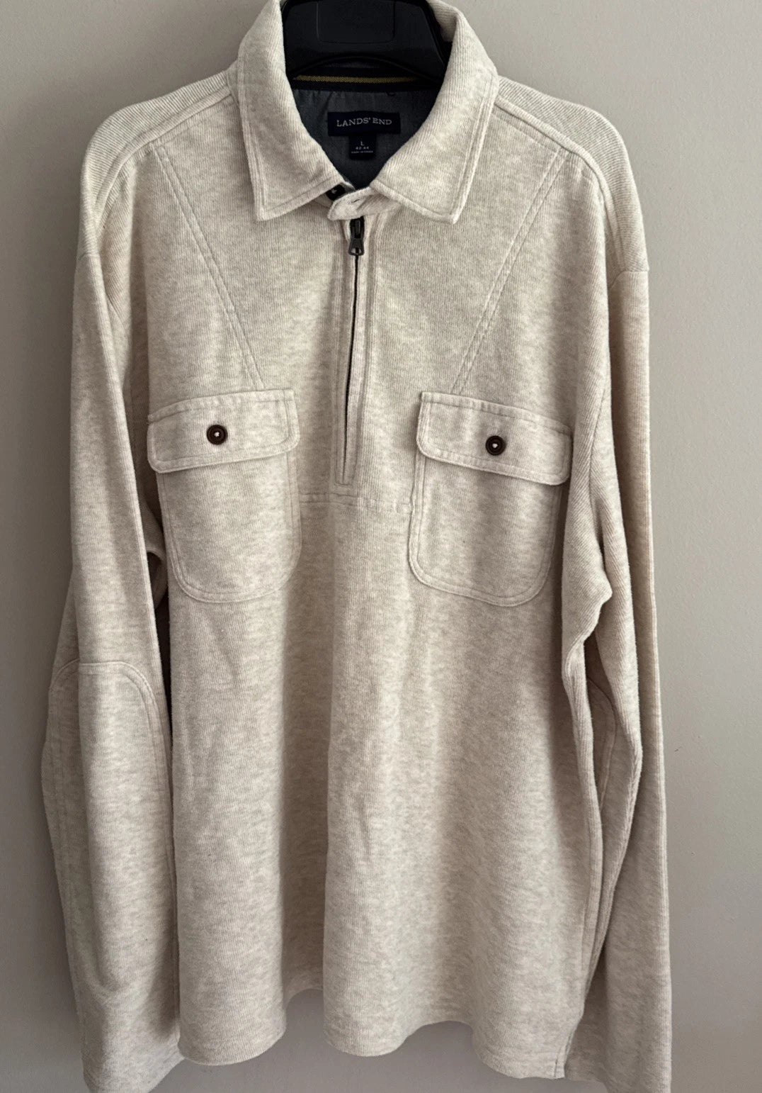 MENS LANDS END Beige Tan Collar  1/4 ZIP PULLOVER LONG SLEEVE SHIRT LARGE 42-44