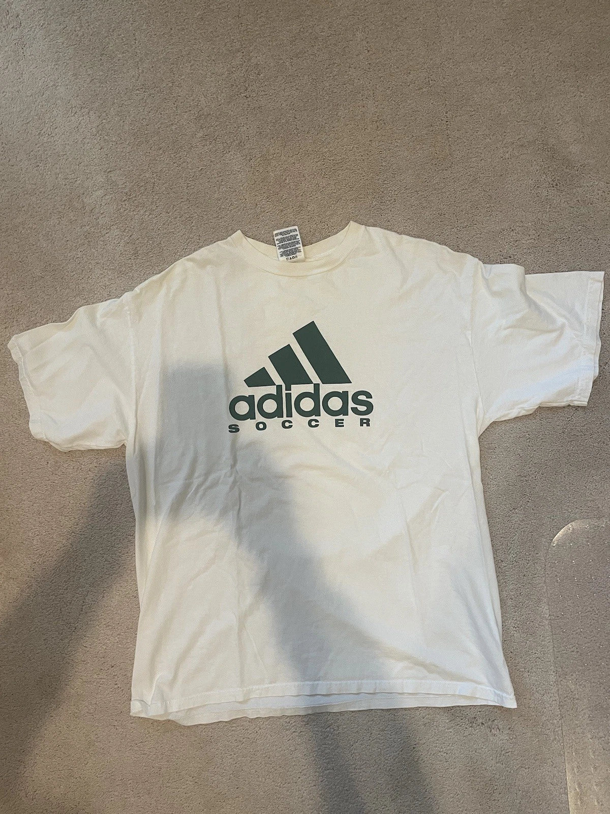 Vintage Adidas Classic Soccer T Shirt 100% Cotton Large White W/ Green Lettering