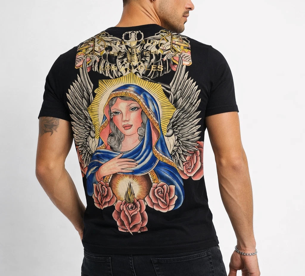 Christian Audigier Rhinestone Graphic T-Shirt Black Red Roses Wings Vintage NWT