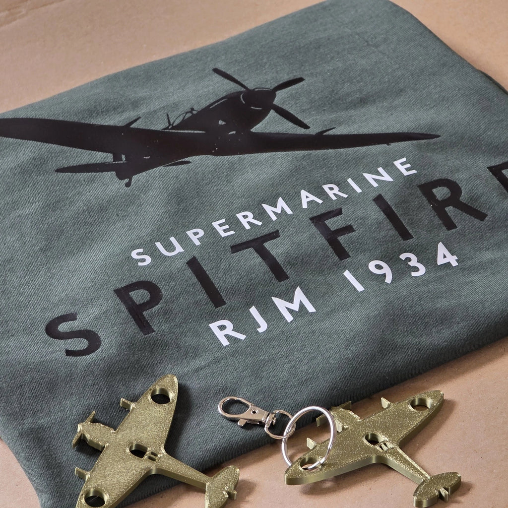 SUPERMARINE SPITFIRE R J MITCHELL T SHIRT GREEN VINTAGE UK T-SHIRT WW2 RAF RETRO