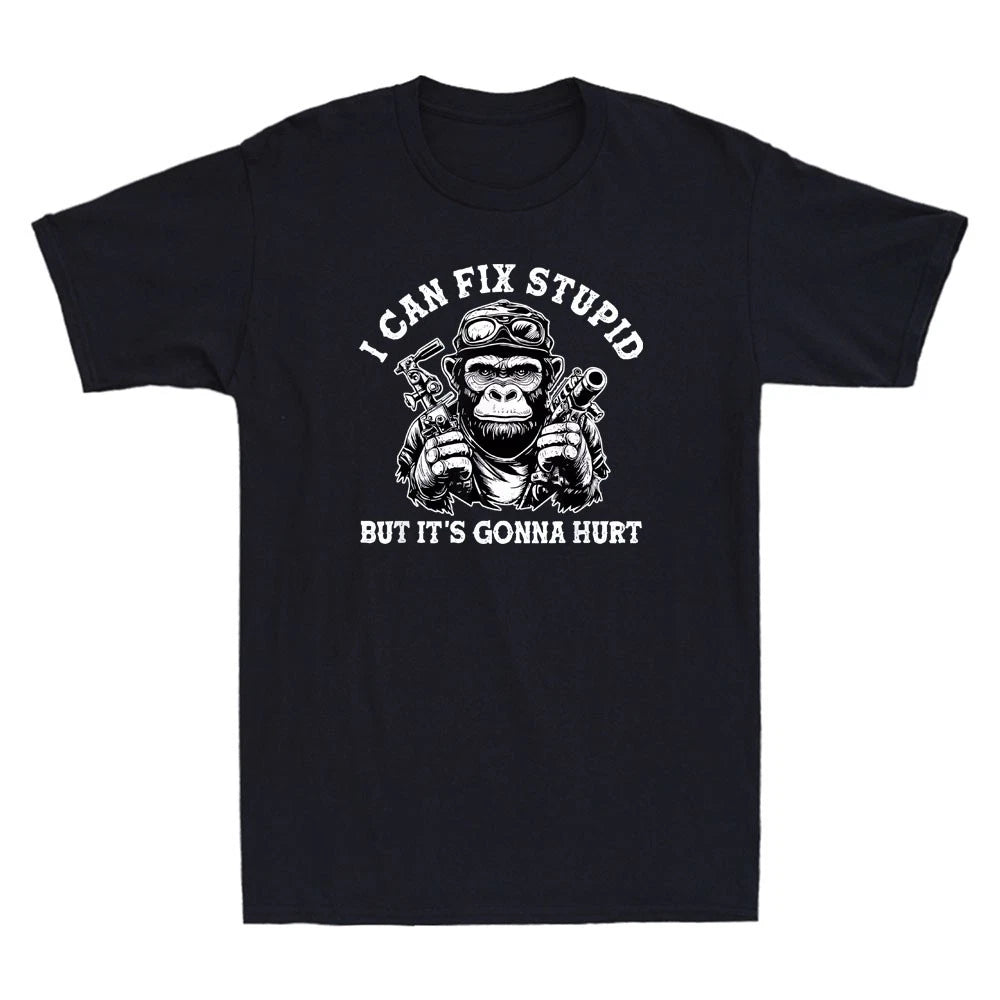 I Can Fix Stupid But It's Gonna Hurt Funny Monkey With Gun Graphic Men's T-Shirt