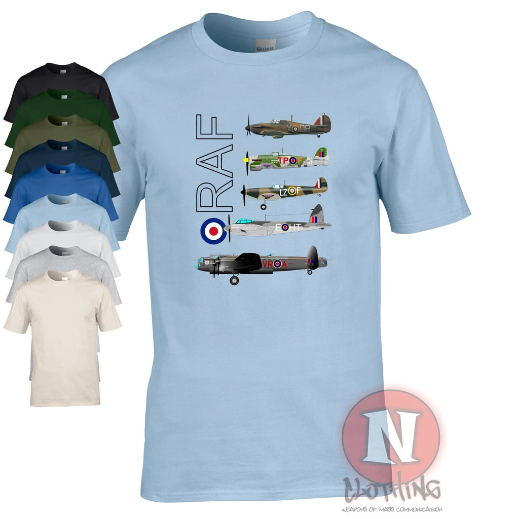 RAF WW2 aircraft T-shirt Spitfire Lancaster Typhoon Hurricane Mosquito