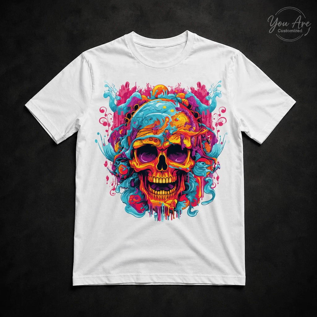 Colorful Skull Graphic T-Shirt Black or White Unisex Streetwear Art Tee