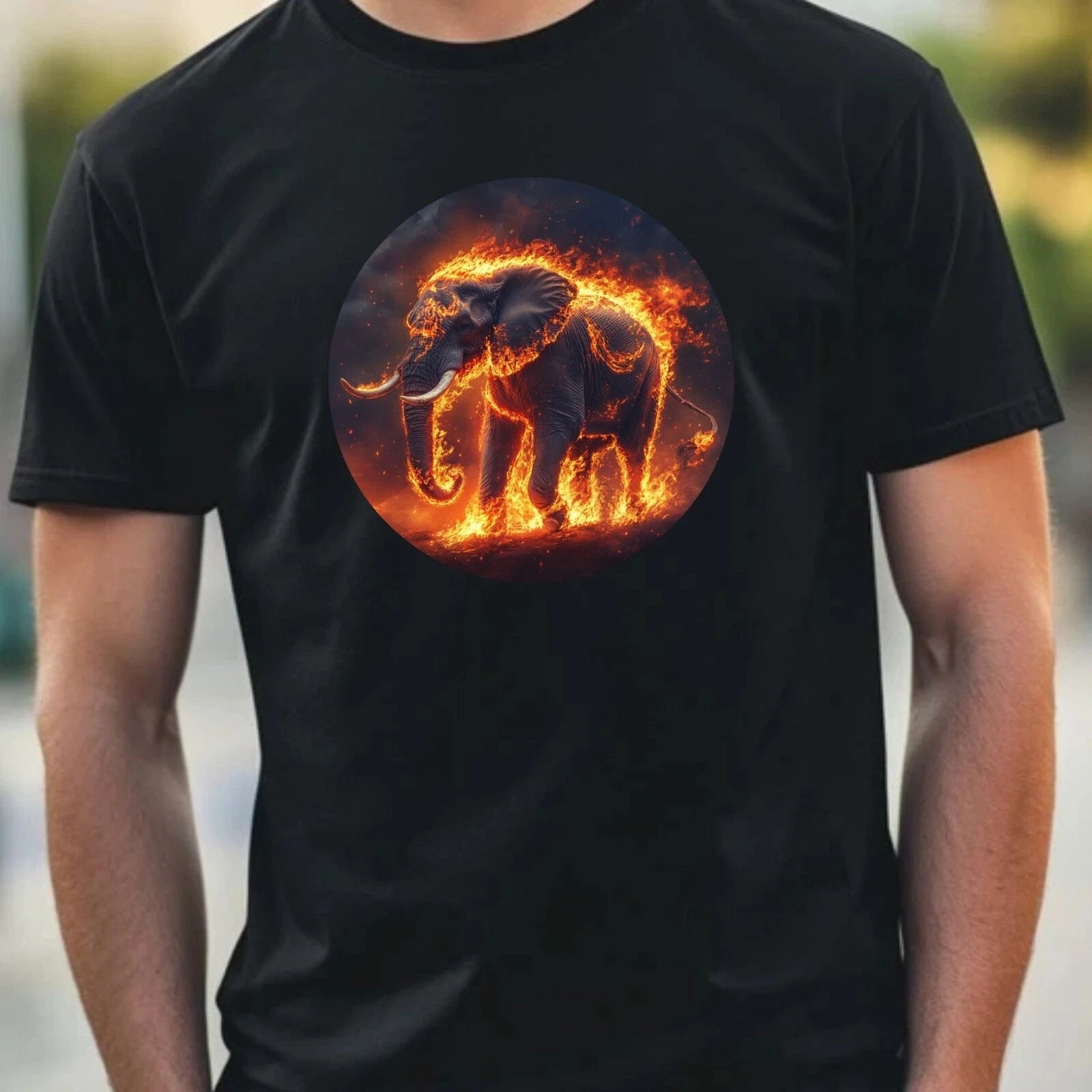 Mens Elephant on Fire Motif Cotton T-Shirt Size XS to 5XL