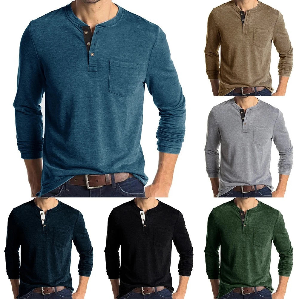 Trendy Men's Casual Long Sleeve Button Up T Shirt Henley Grandad V Neck Top