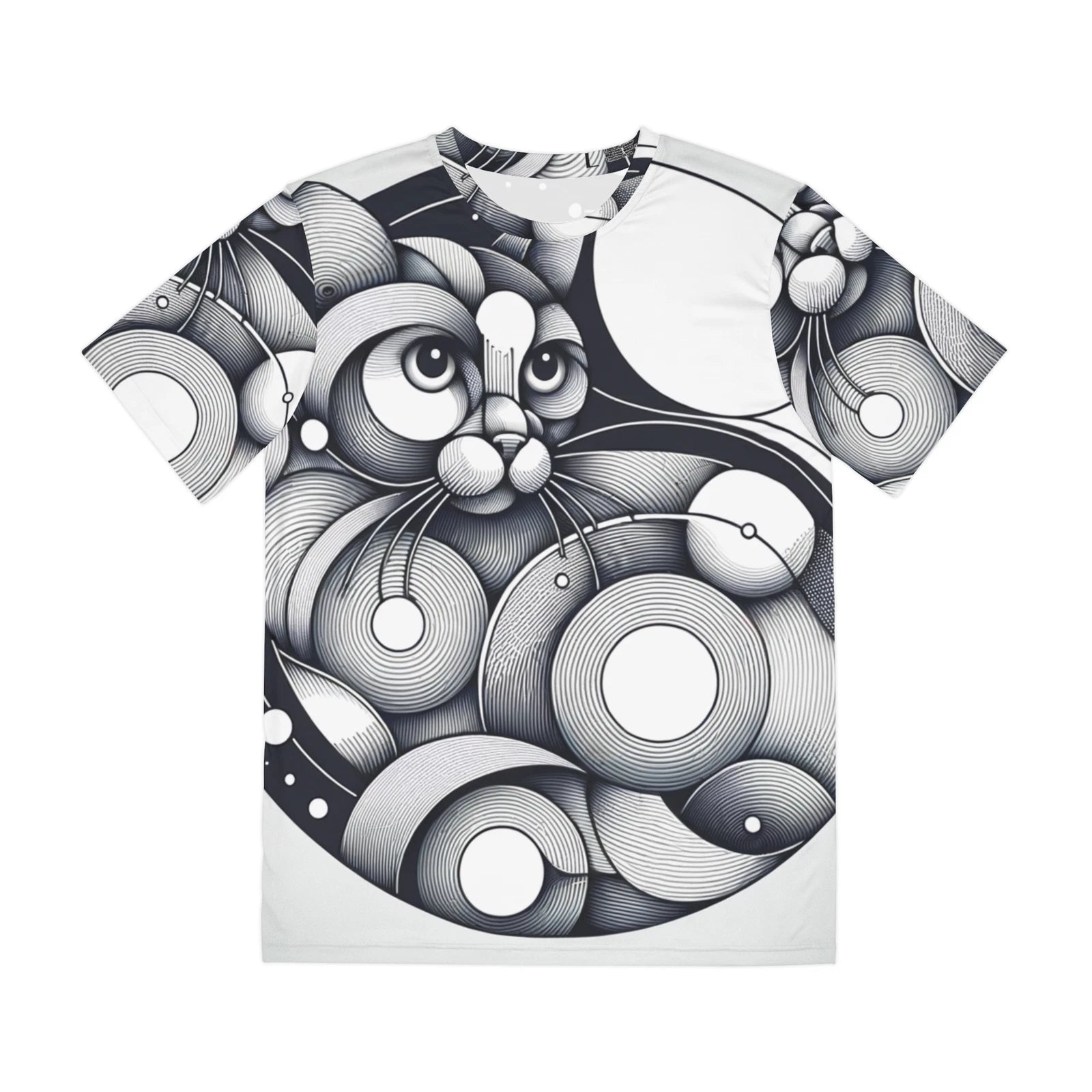 All Over Print T Shirt Geometric Line Art Cat Silver Minimalist