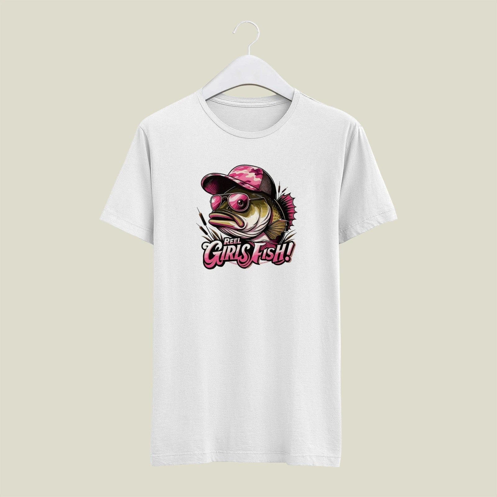 White MEDIUM Mens Gildan T Shirt  Reel Girls Fish Cool Bass Pink Hat