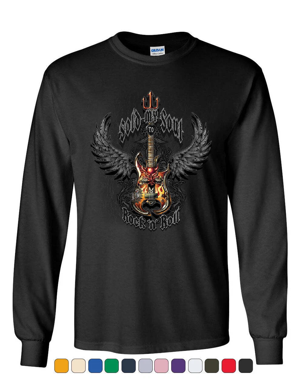 Sold My Soul to Rock & Roll Long Sleeve T-Shirt Demon Guitar Wings Trident Tee