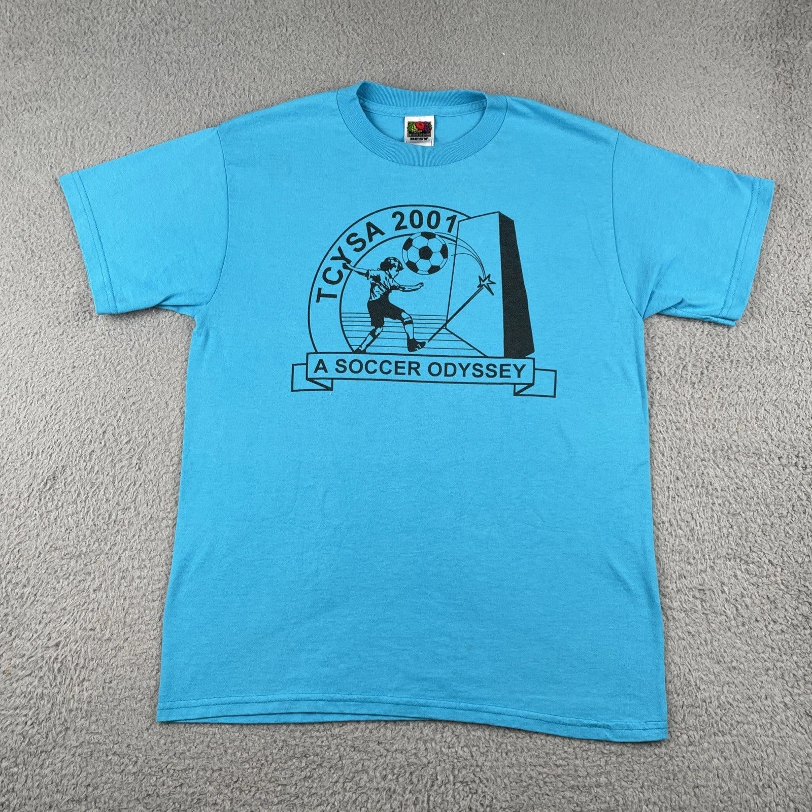 Vintage FOTL Best Medium Blue Shirt Soccer Odyssey 2001 Birdseye View Emu Farm