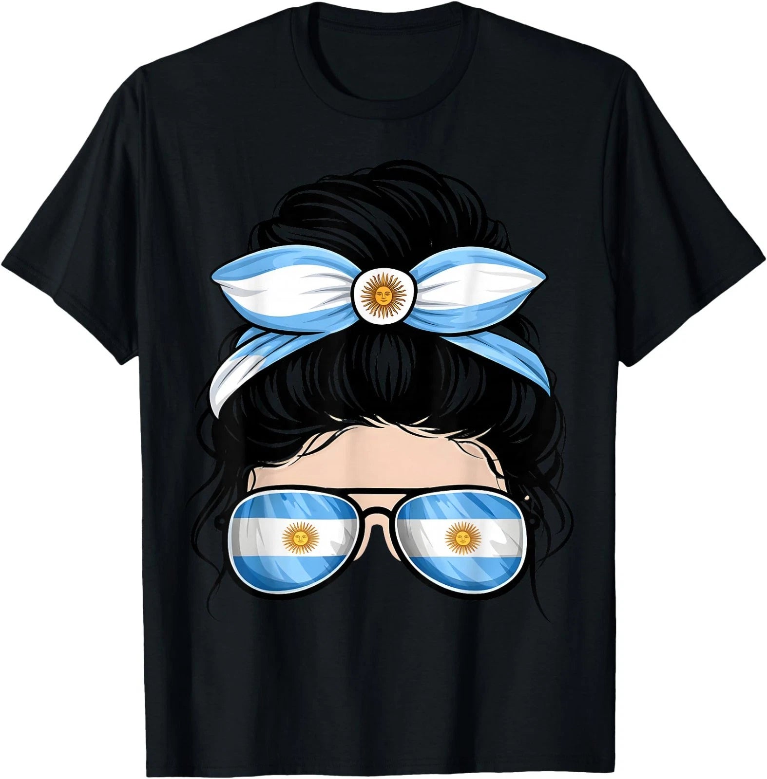 Argentina Soccer Fan Messy Bun Flag Sunglasses T-Shirt