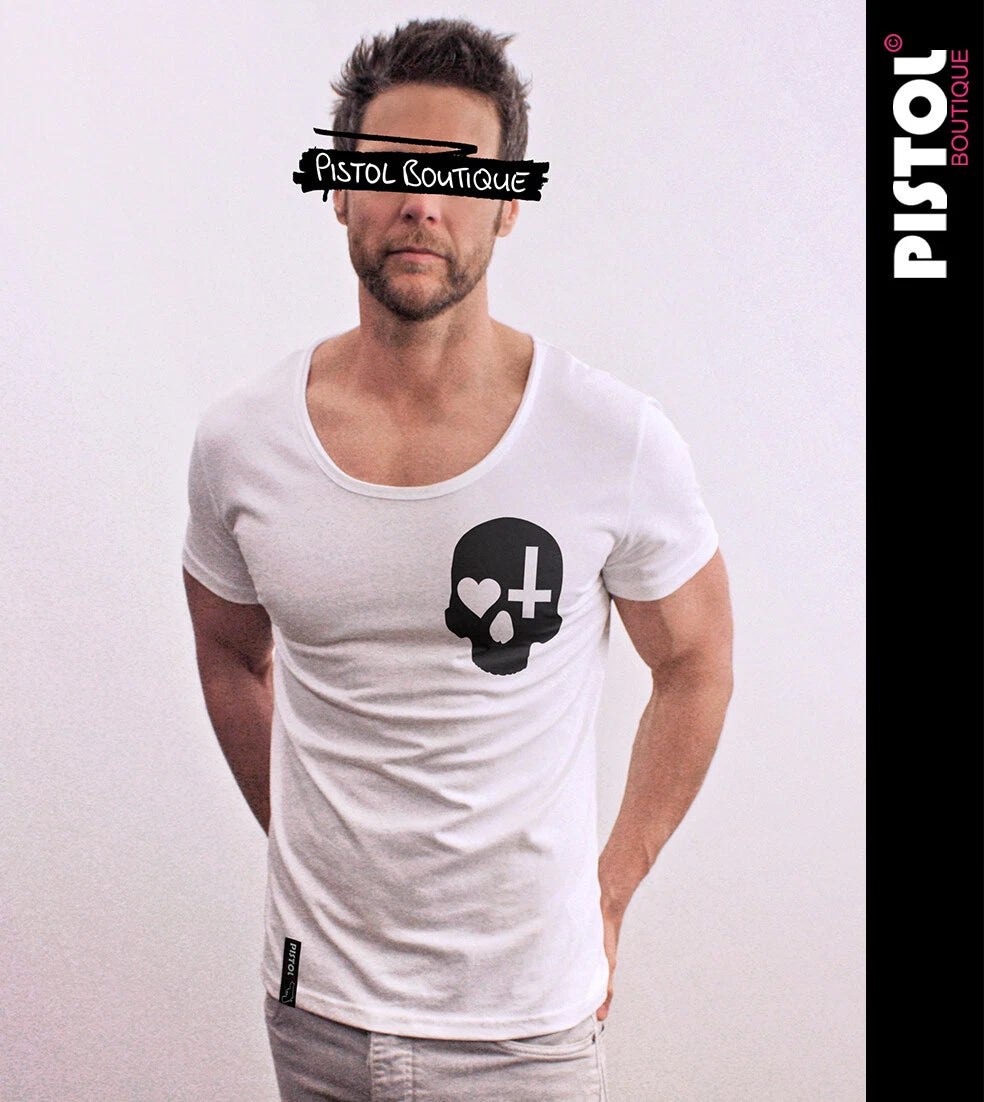 Pistol Boutique Men's White Round Scoop Neck CHEST SKULL HEART CROSS T-shirt