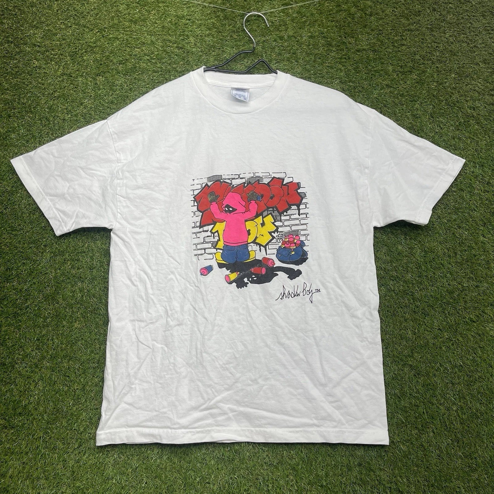 Shadow Boy Shirt Mens XL White Graffiti Spray Paint Street Art Graphic Tee y2k