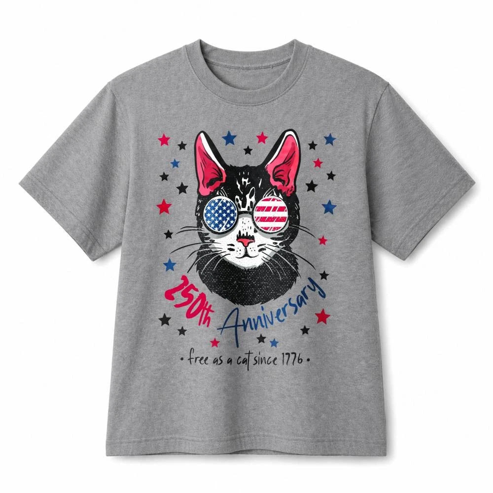 250th Anniversary Patriotic Cat USA Flag Sunglasses Retro Cotton T-Shirt Unisex