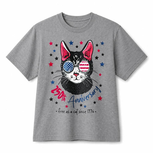 250th Anniversary Patriotic Cat USA Flag Sunglasses Retro Cotton T-Shirt Unisex