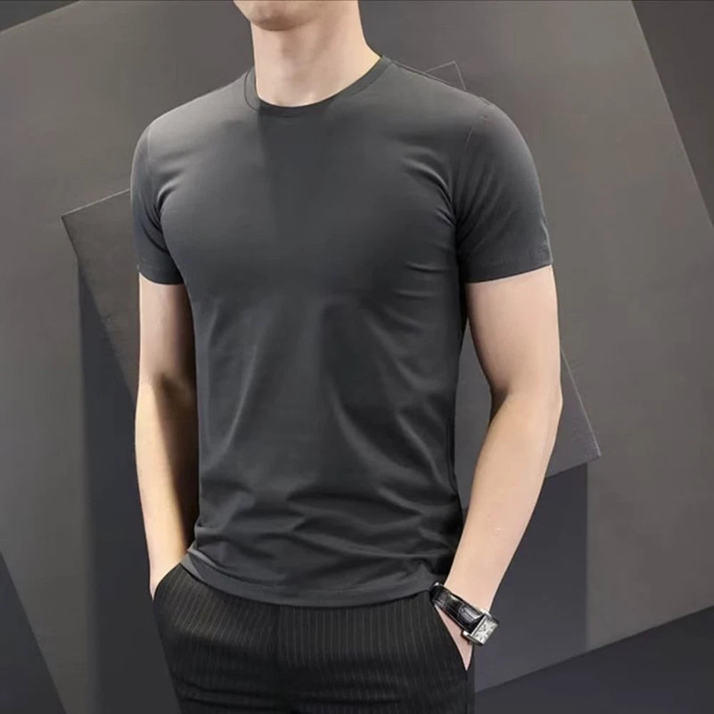 Casual Men's Short sleeved Tees with Round Neck Solid Color Trendy Pullover