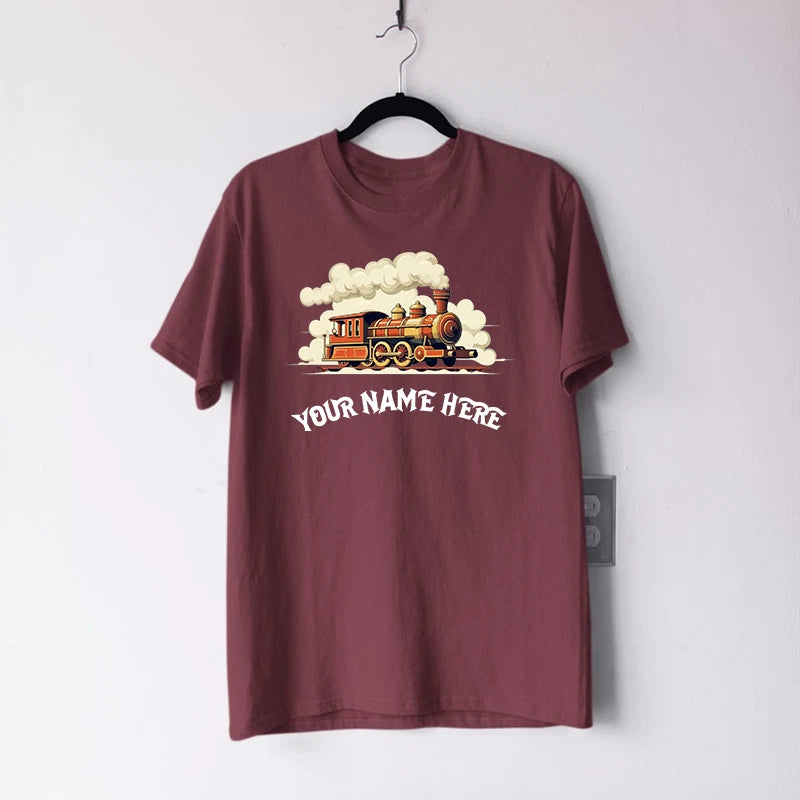 Personalised Custom Name Steam Train T-Shirt Vintage Locomotive Railway Gift