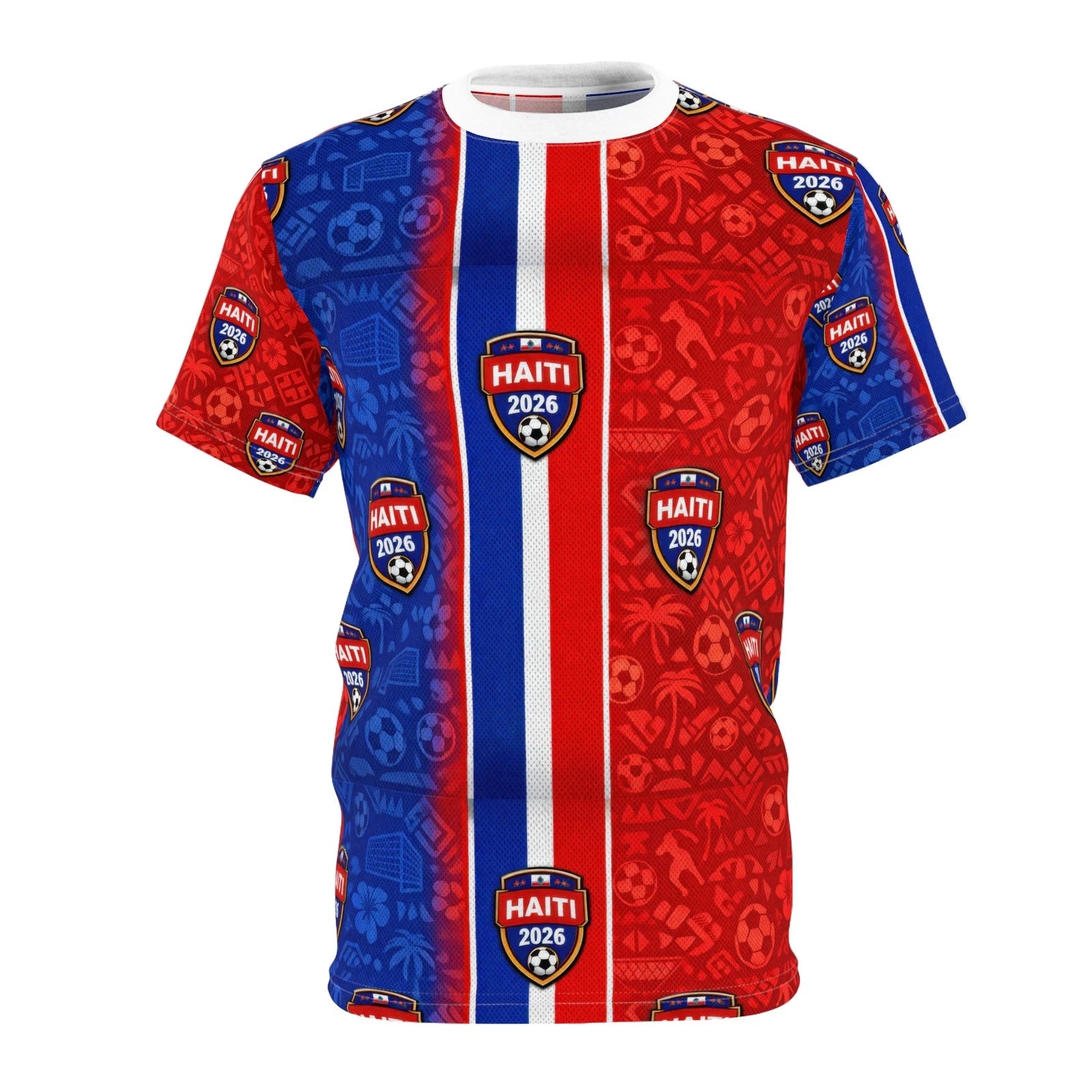 Haiti 2026 Soccer Crest Tee | Red Blue Stripe All-Over Print