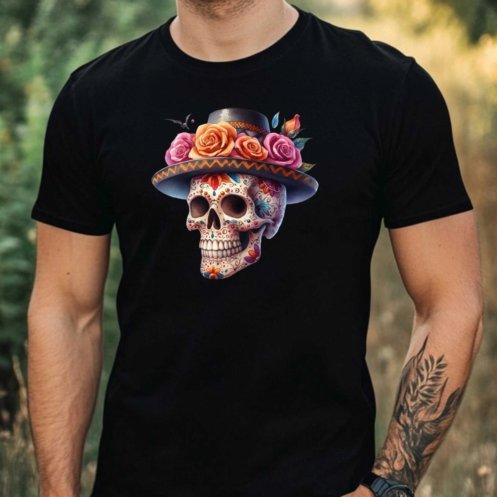 Mens Watercolour Rose Skull Motif Cotton T-Shirt Size XS to 5XL