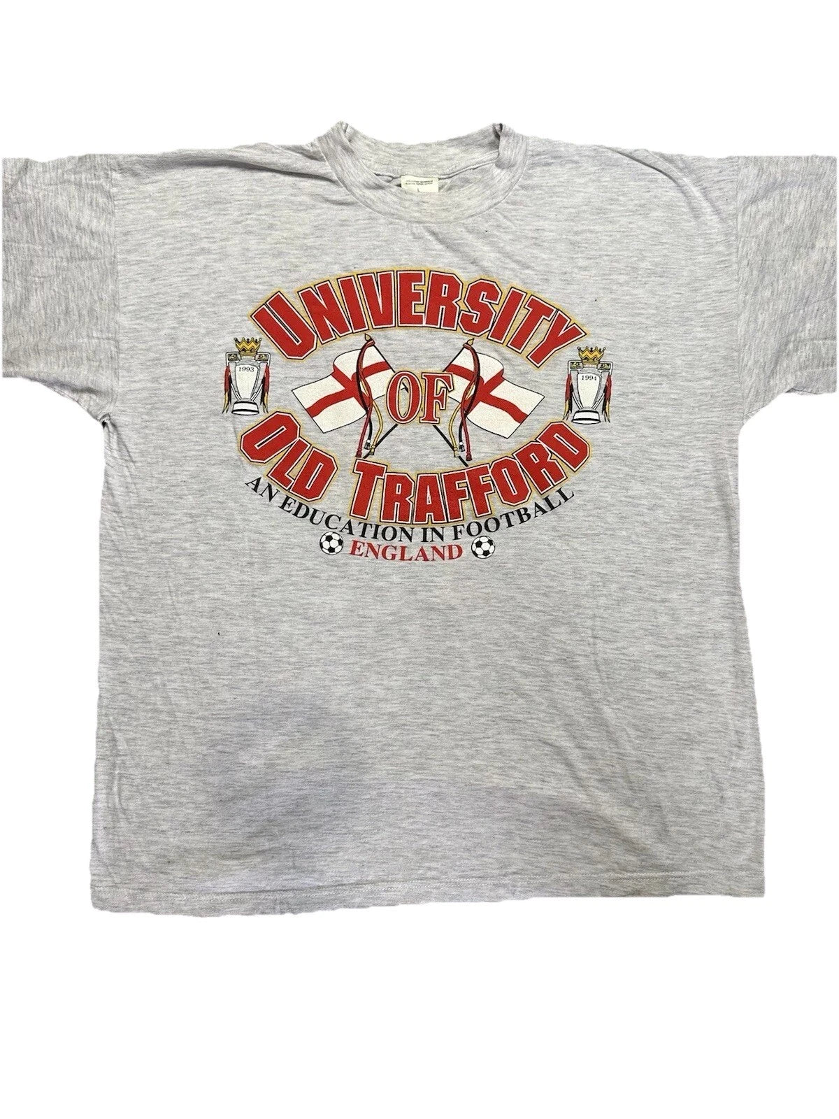 Vintage Old Trafford University T Shirt Double Sided EPL Manchester Unique