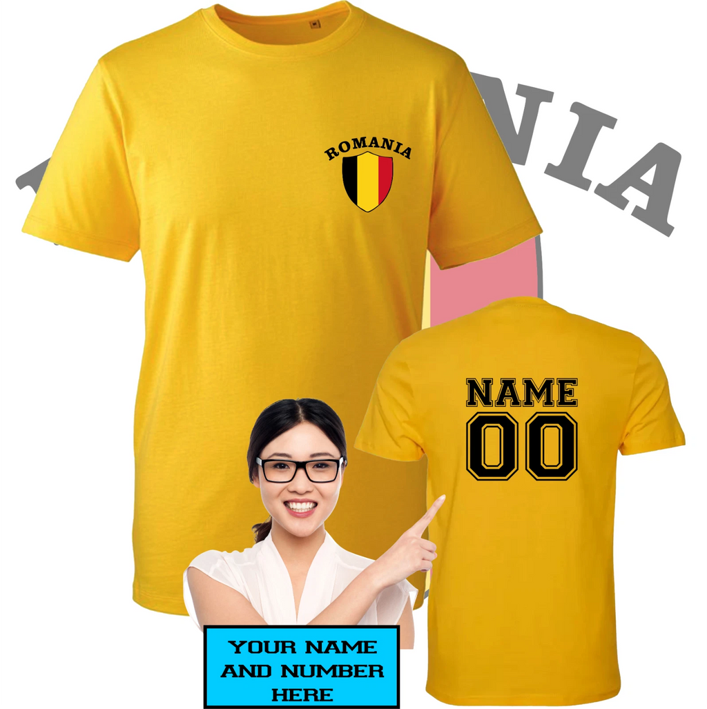 Personalised Romania football T-Shirt Team Soccer Fan Mens Unisex Tee Top Custom