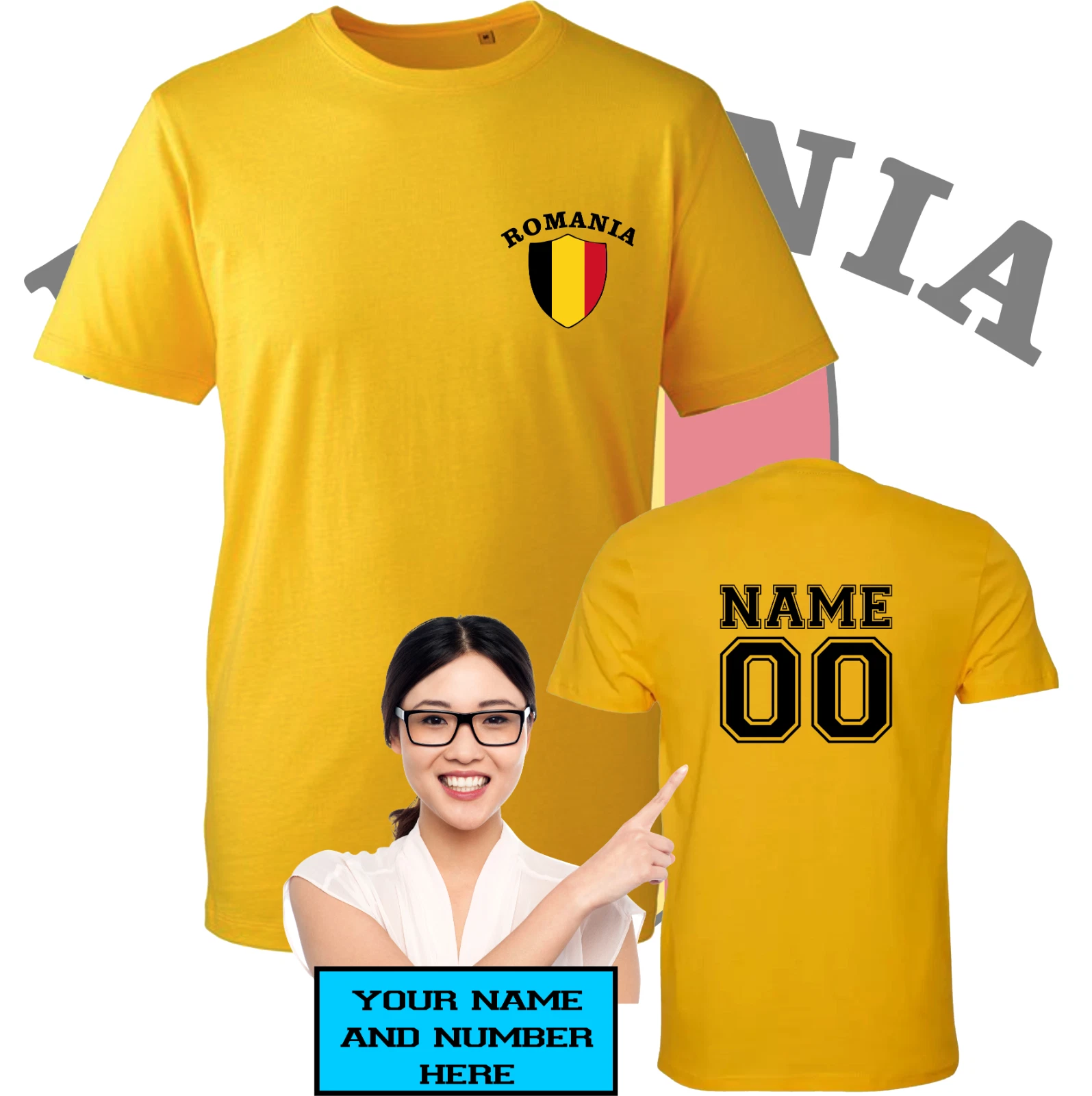 Personalised Romania football T-Shirt Team Soccer Fan Mens Unisex Tee Top Custom