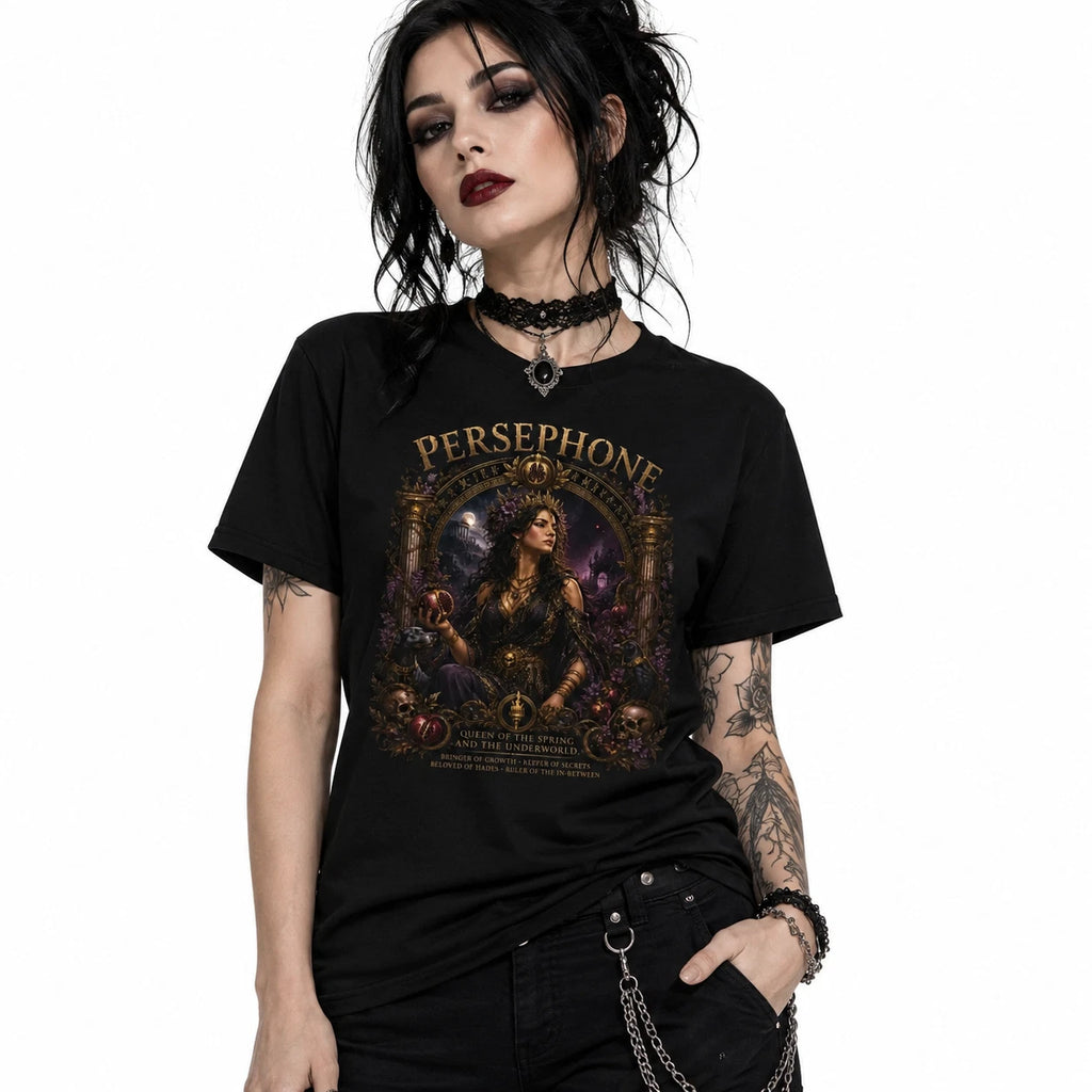Persephone Goddess T Shirt Dark Floral Greek Mythology Graphic Tee